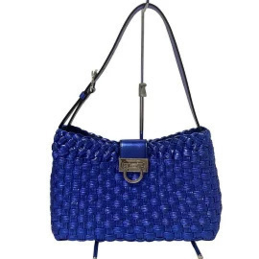 Salvatore Ferragamo Salvatore Gancini Shoulder Bag Woven Blue Leather